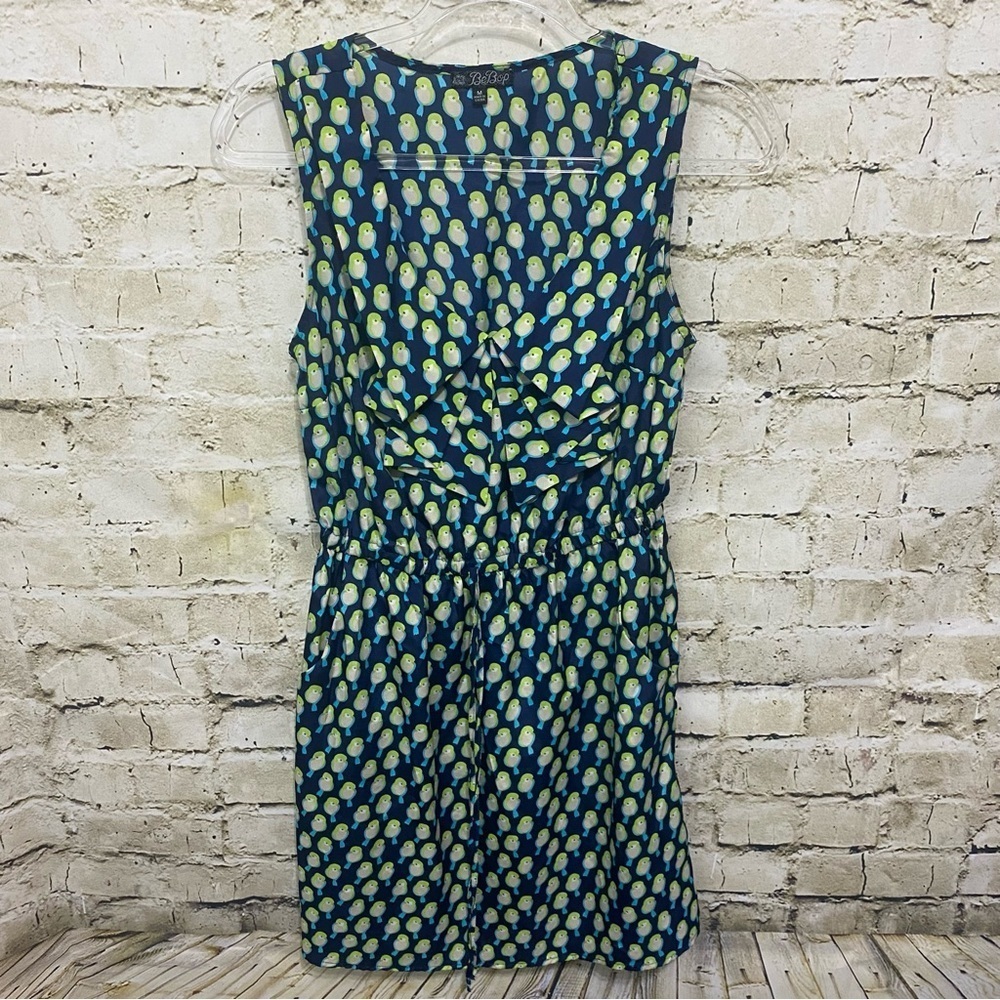 Bebop‎ Blue Green Love Birds Ruffle Sleeveless Tie Waist Dress